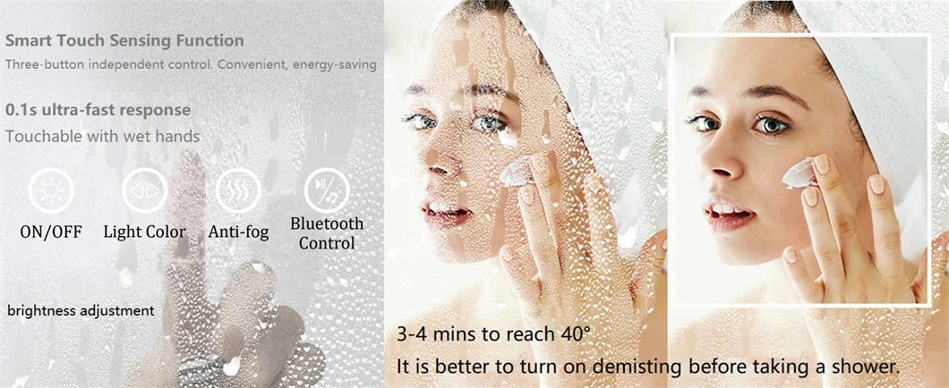 Rectangular LED bathroom mirror with Bluetooth speaker, anti-fog, touch controls, front and back lighting, displaying time and temperature.