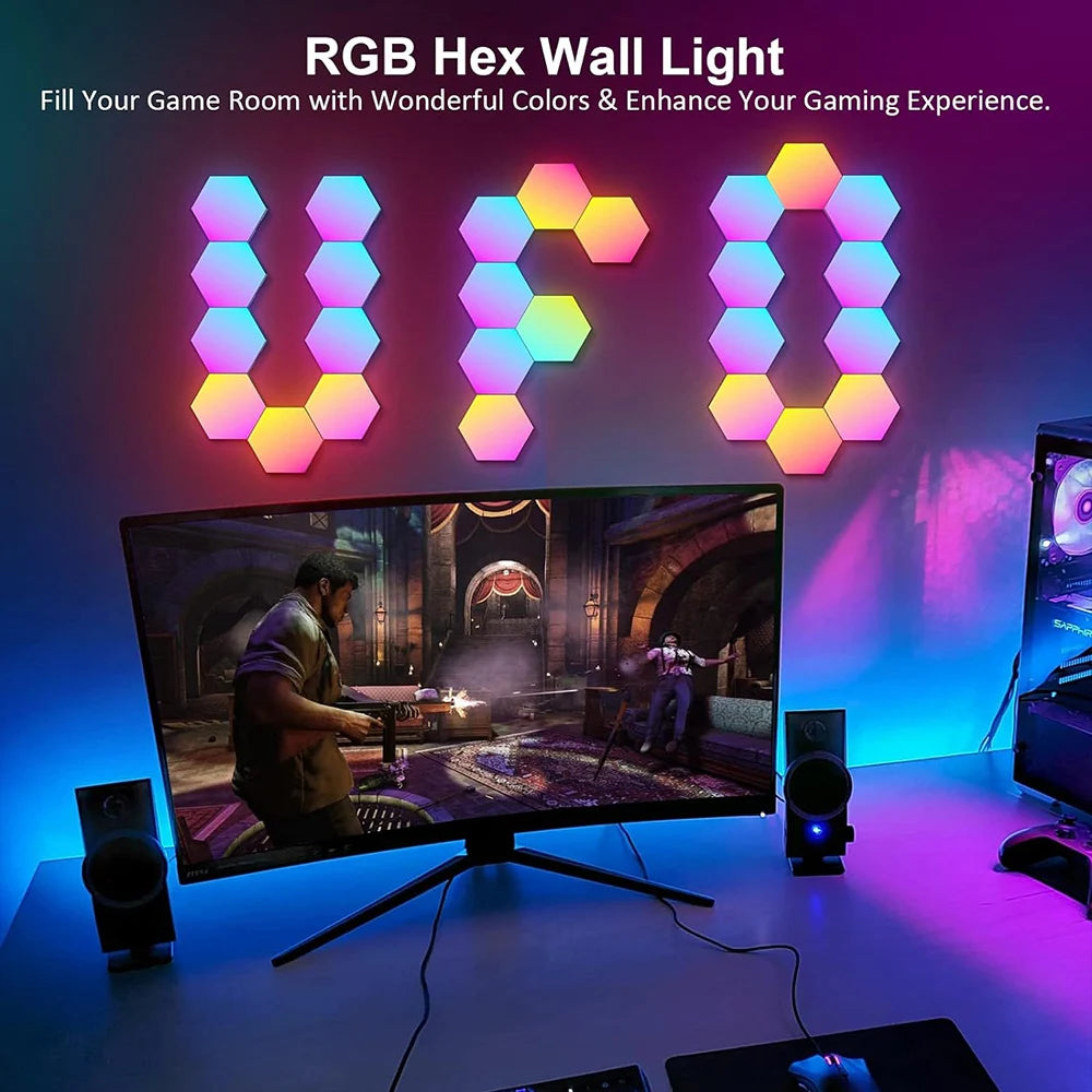 Hexagonal RGB LED light with Bluetooth from WinniHouse, showing colorful illuminated surface and sleek modern design.