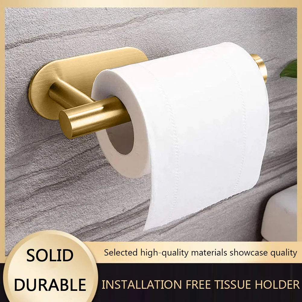 WinniHouse stainless steel adhesive toilet paper holder with wall mount design, bathroom towel and tissue organizer, no drilling needed