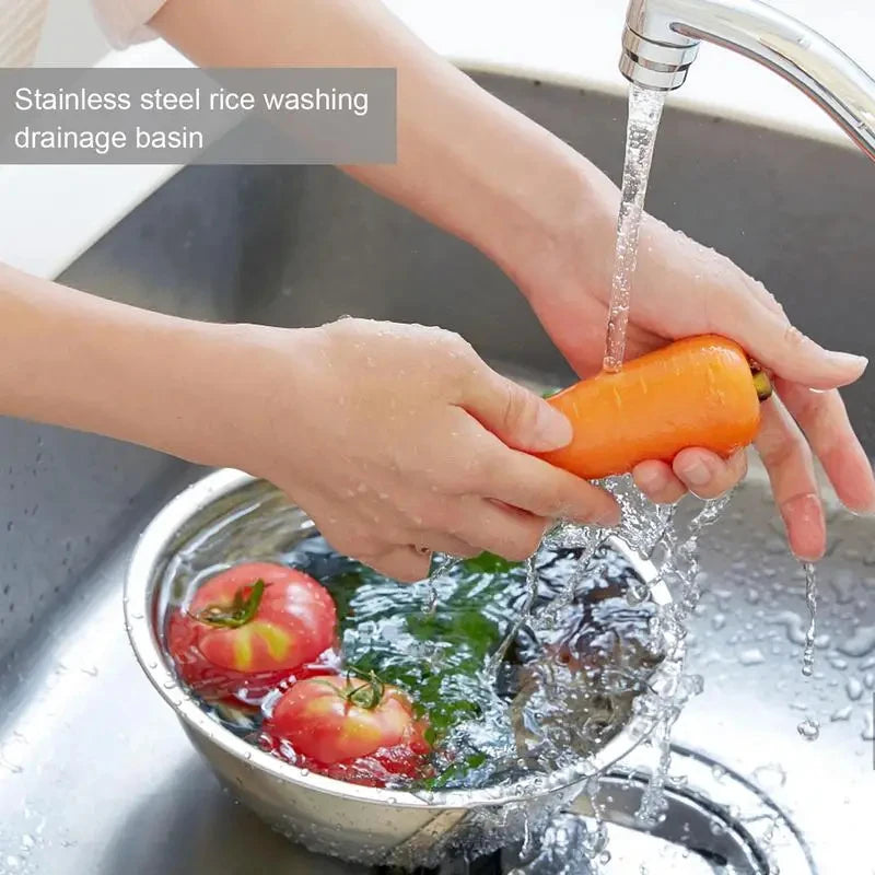 Stainless steel rice washing bowl and strainer from WinniHouse, ideal for rinsing rice, fruits, and vegetables in the kitchen.
