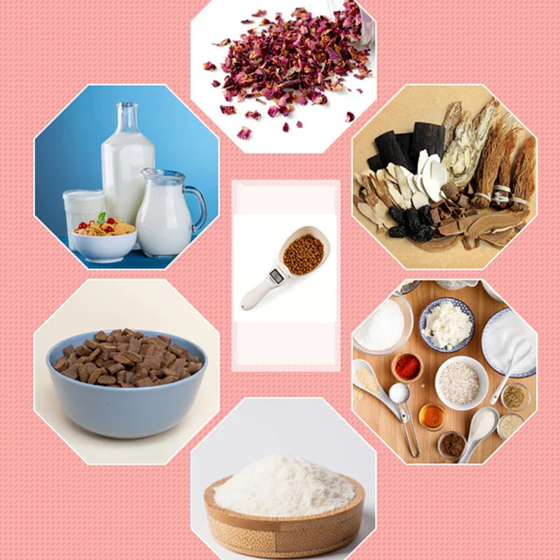 Digital food measuring spoon by WinniShop with built-in scale for measuring pet and kitchen ingredients like flour and pet food.