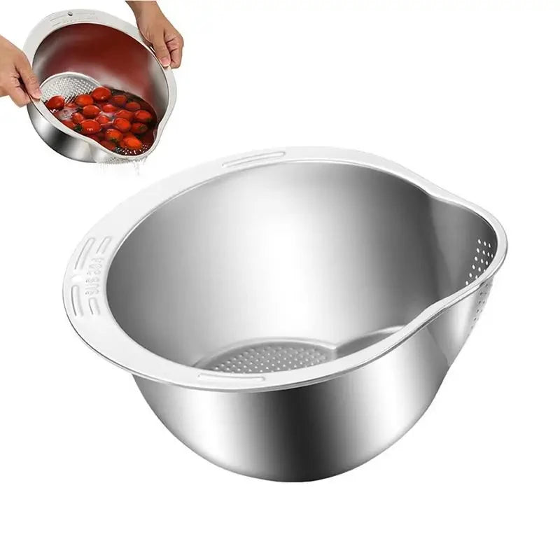 WinniHouse stainless steel rice washing bowl with strainer, ideal for rinsing rice, fruits, and vegetables in the kitchen.