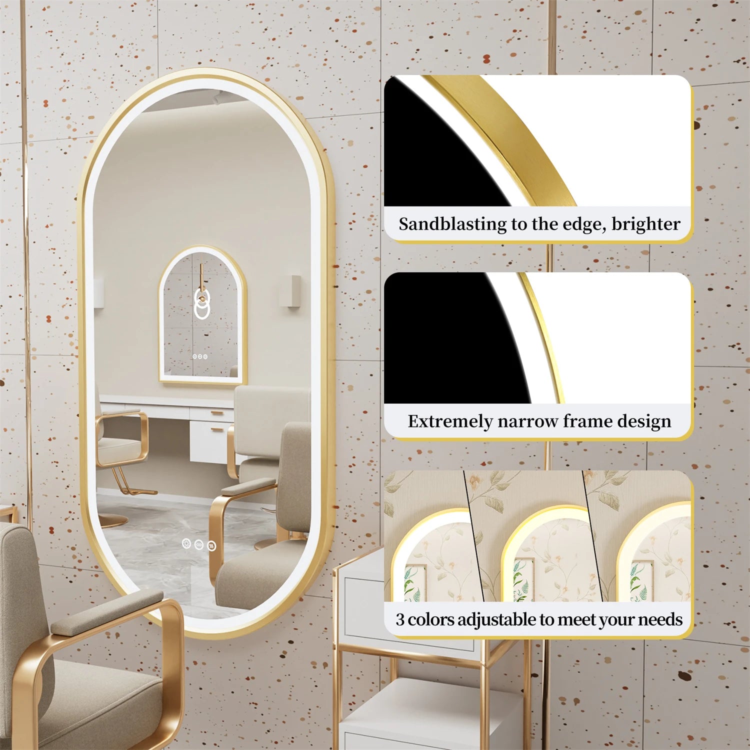 Oval bathroom mirror with gold frame, LED light, anti-fog smart mirror for makeup, adjustable illumination, WinniShop.