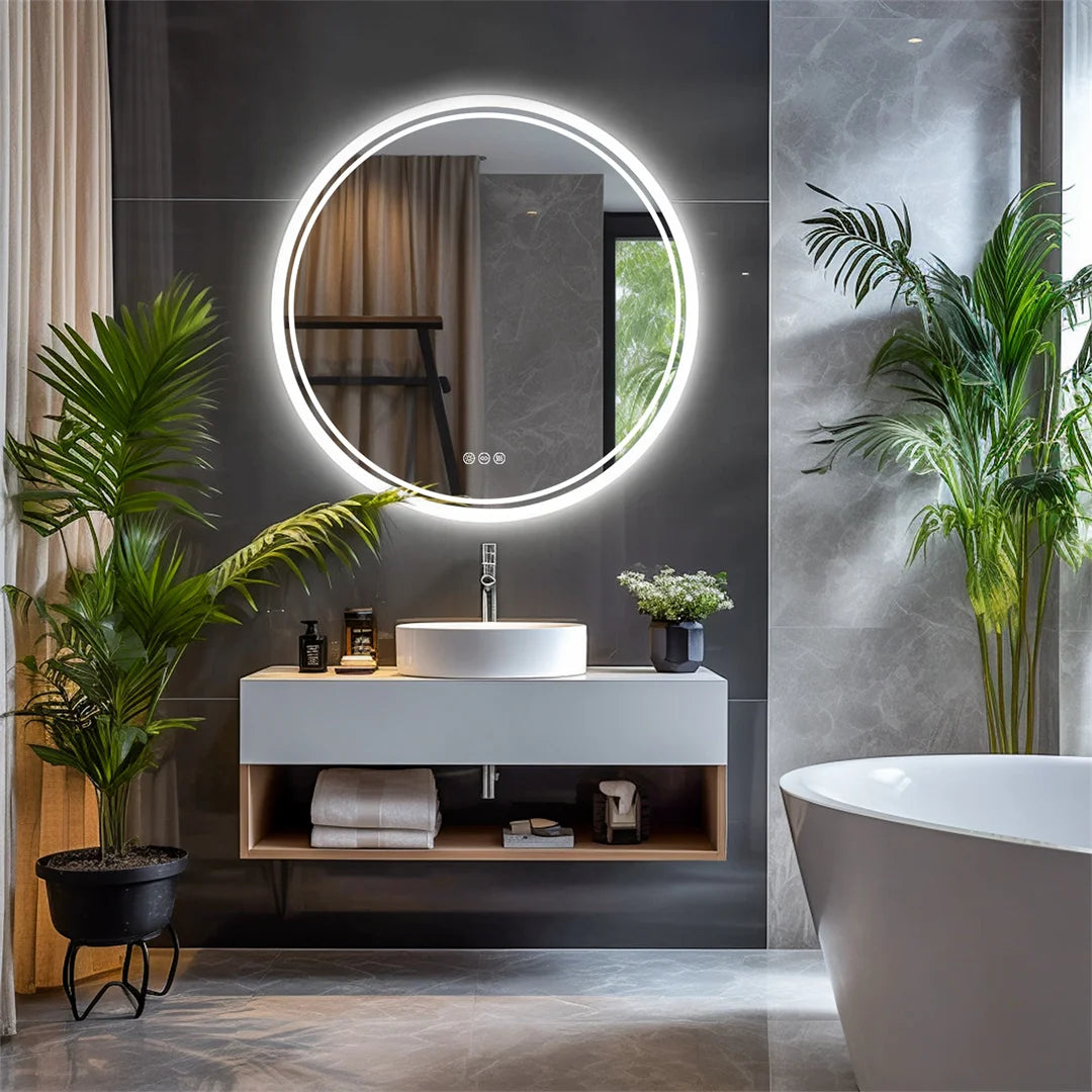 Large round LUVODI bathroom mirror with smart LED lighting, touch control, anti-fog feature, suitable for modern bathrooms.