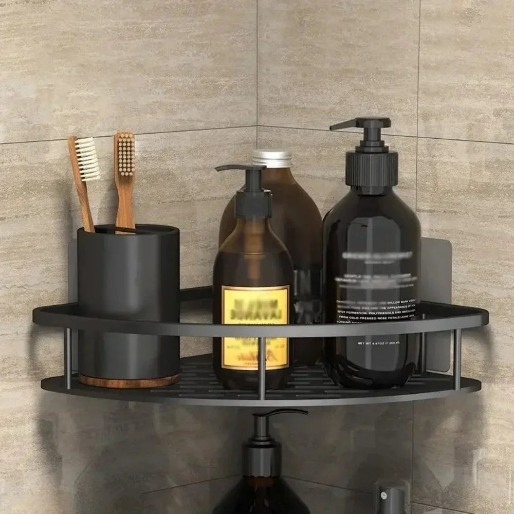WinniHouse bathroom corner storage organizer with adhesive, wall-mounted shower shelf and drainage for bathroom organization.