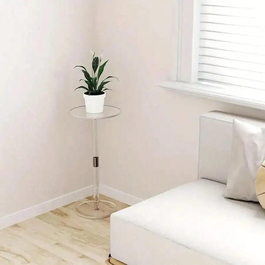 Small transparent acrylic round tea table from WinniShop, modern space-saving coffee table for living room or corner use