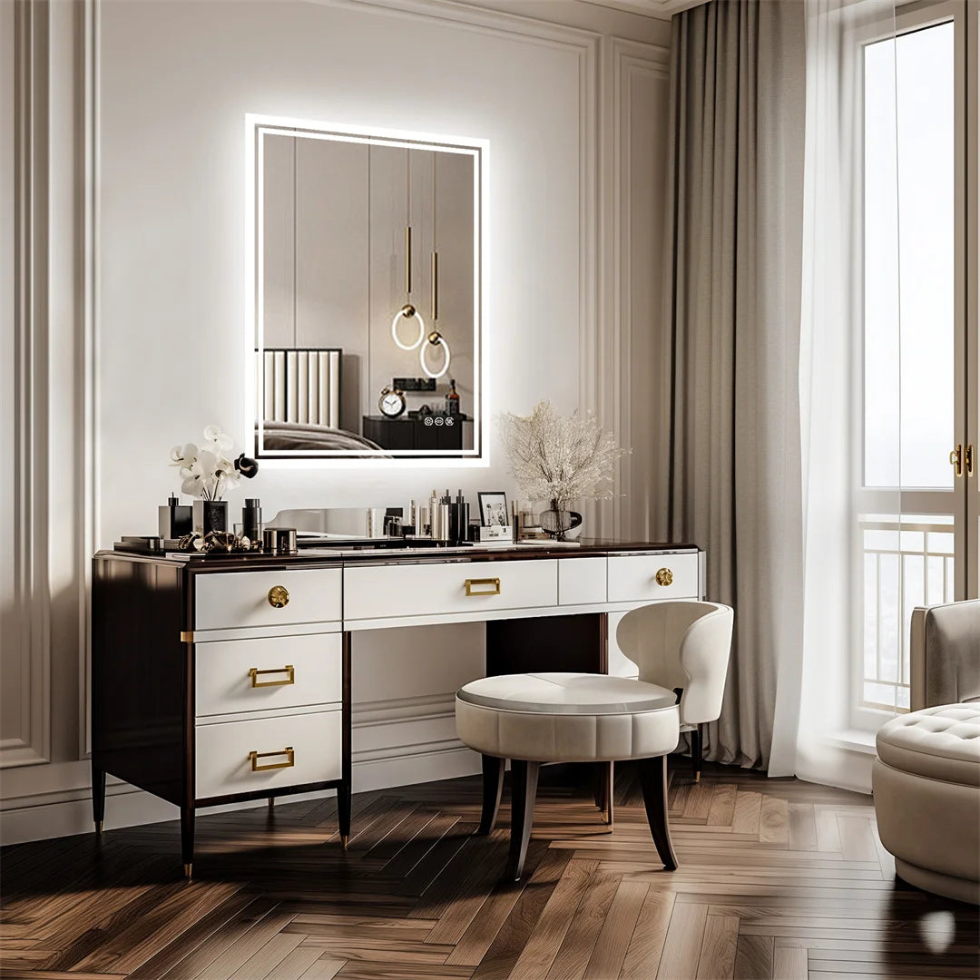 Rectangular LED bathroom mirror by WinniShop with defog feature, backlit, frameless design, ideal for shower, grooming, and bathroom use.