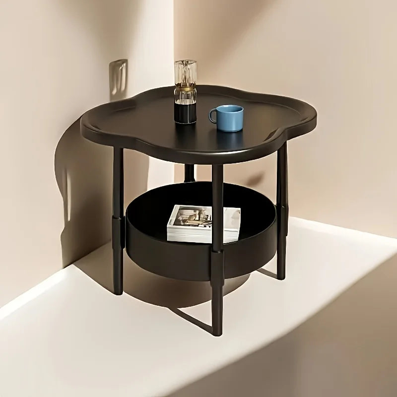 Round modern elegant side table by WinniShop with storage shelf, lightweight design for living room or bedroom.