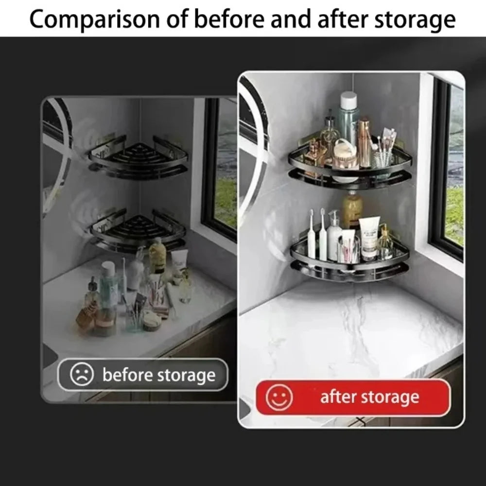 Wall-mounted corner bathroom organizer by WinniHouse with adhesive, drip tray, and no drilling for shower storage and organization.