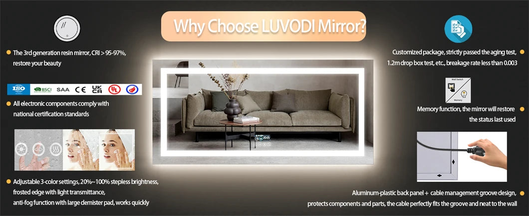 Smart LED bathroom mirror with Bluetooth and anti-fog, wall-mounted design by WinniHouse, featuring a sleek modern look.