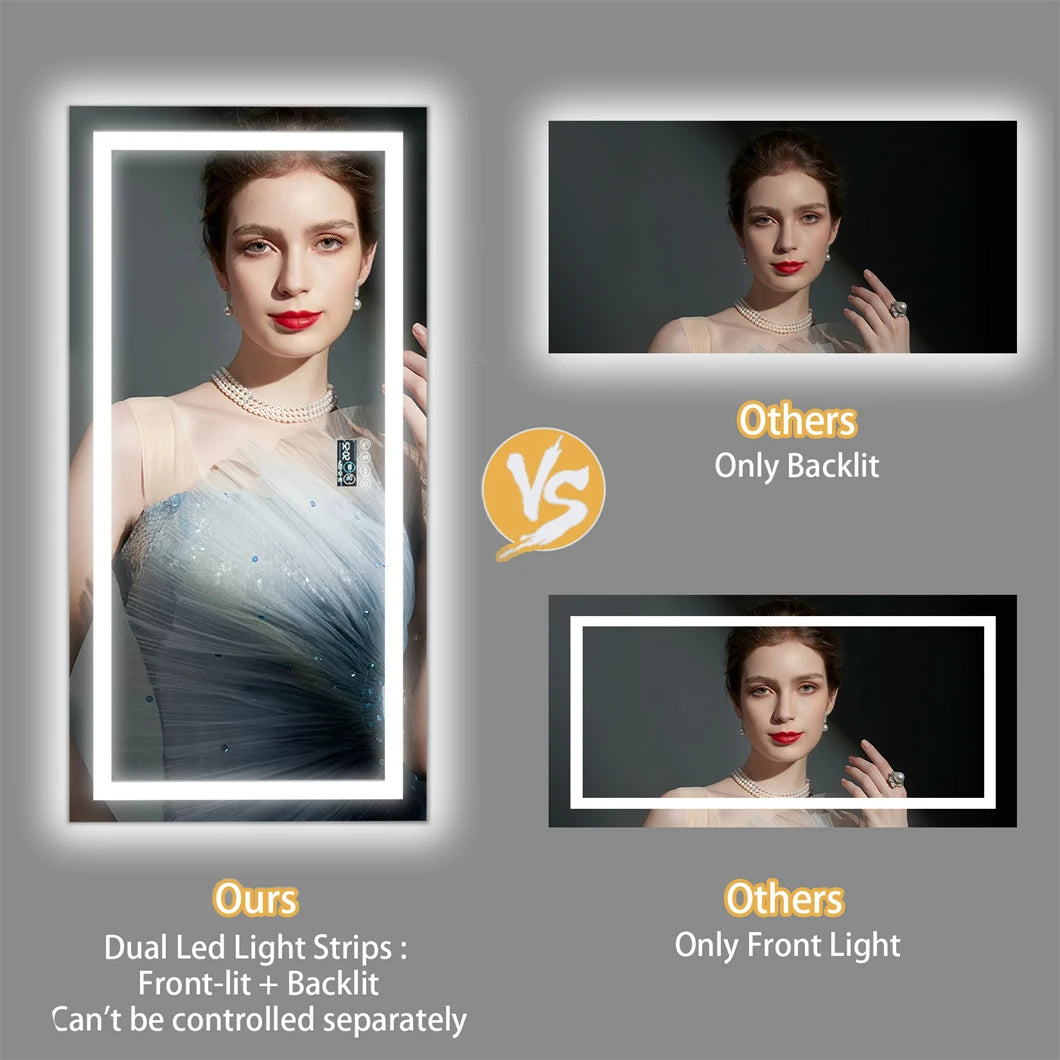 Smart LED bathroom mirror with Bluetooth and anti-fog, wall-mounted by WinniHouse, featuring illuminated mirror and modern design.