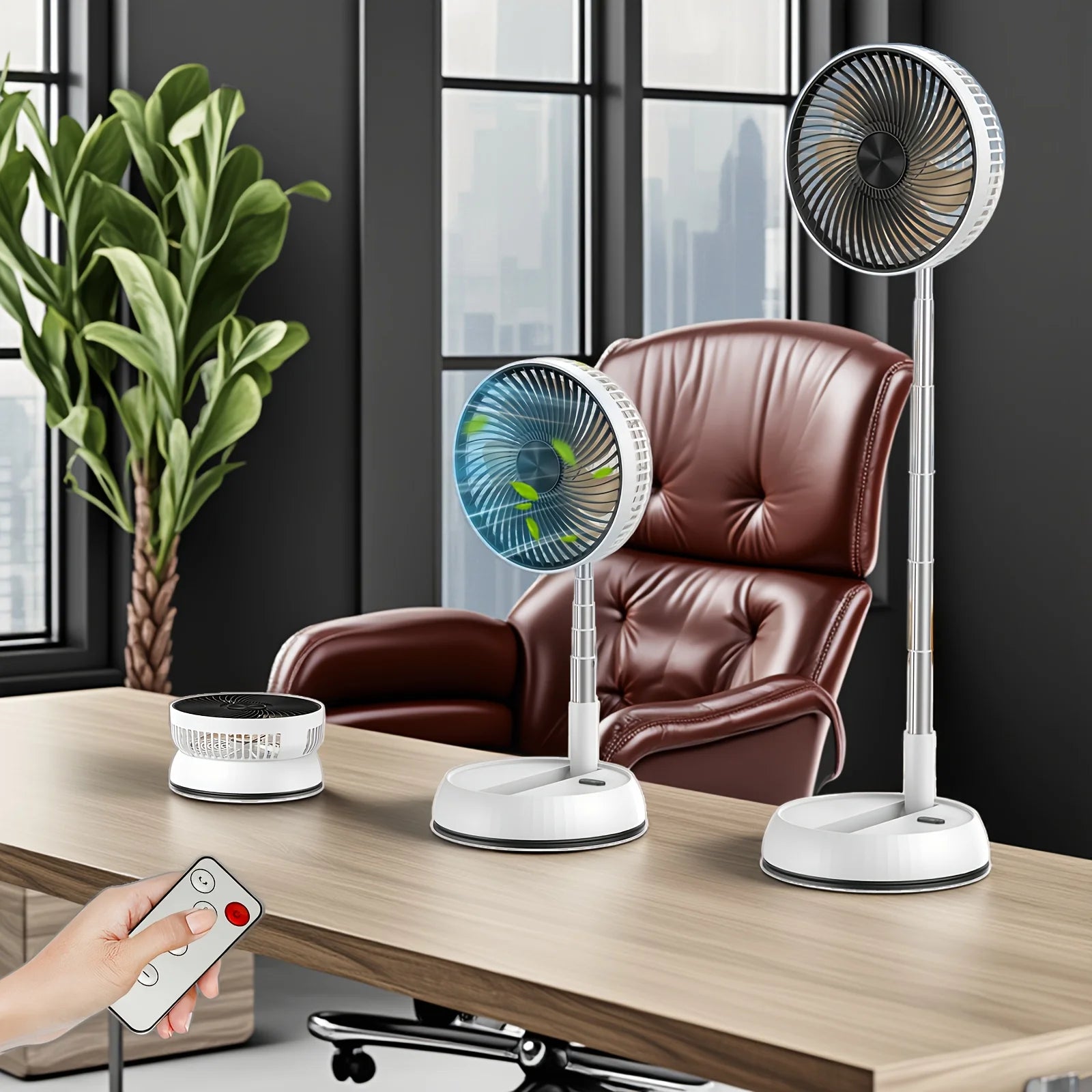 Portable WinniHouse air cooler fan with foldable design and remote control, showing the compact, modern cooling device.