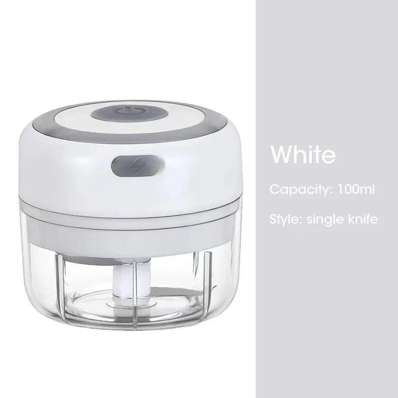 WinniHouse electric garlic chopper with USB, 250/100ml capacity, compact kitchen gadget for easy garlic processing.