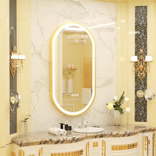 Oval bathroom mirror with gold frame, LED-lit, anti-fog smart makeup mirror with adjustable lighting, by WinniShop.