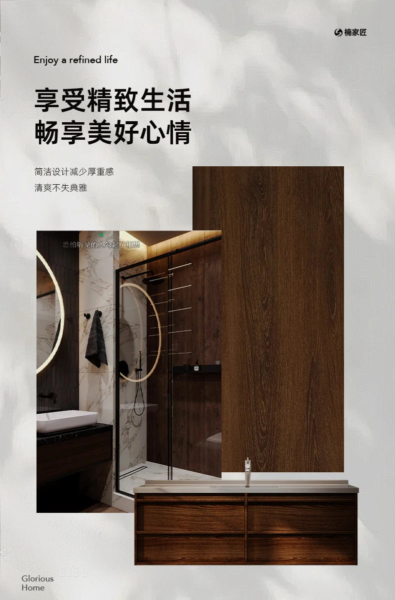 Solid wood vintage bathroom cabinet with sink and toilet separator, storage drawers, and elegant design in natural wood finish.