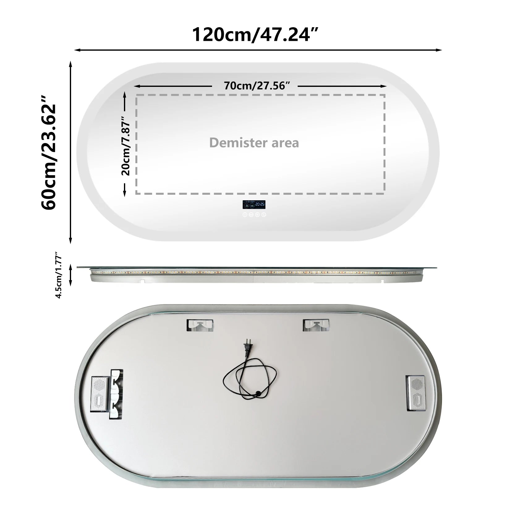 LED oval bathroom mirror by WinniShop with Bluetooth speaker, digital display, wall-mounted design, perfect for makeup and grooming.
