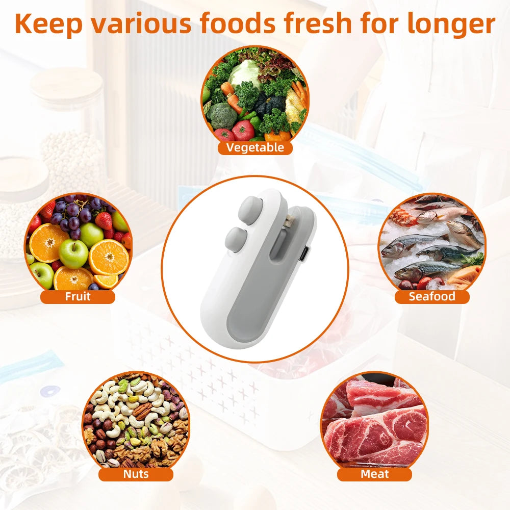 WinniShop mini handheld heat sealer for plastic food bags with clip, portable packaging and sealing device for food storage.