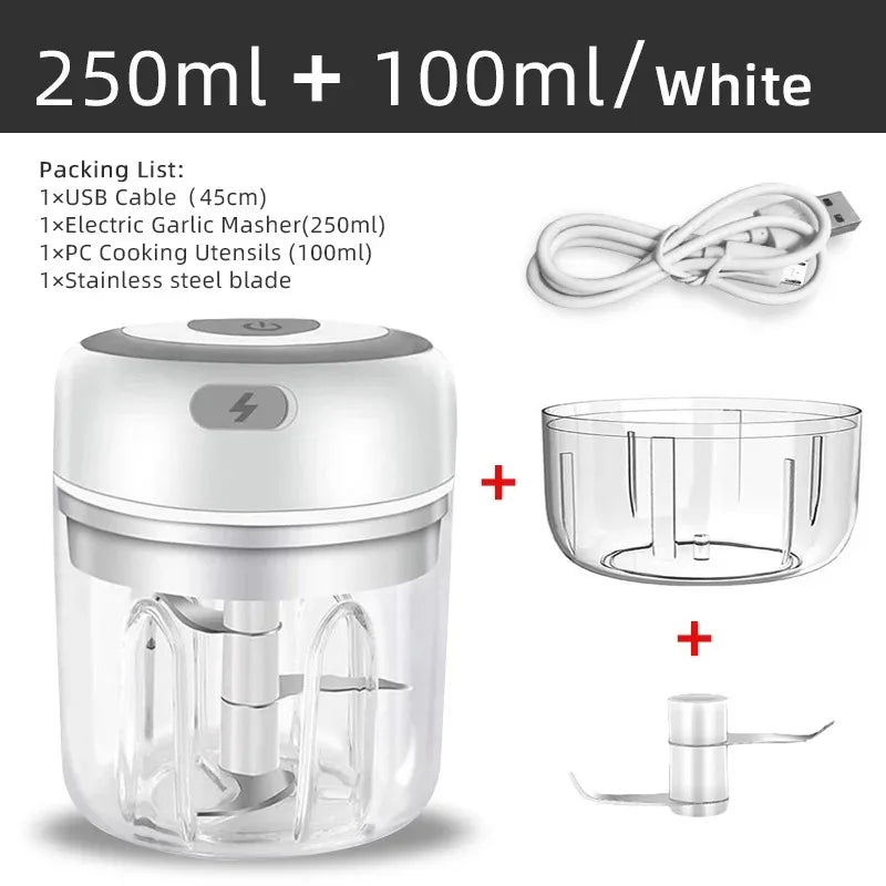 Electric garlic chopper by WinniHouse, USB-powered, 250/100 ml capacity, compact kitchen gadget for easy garlic processing.