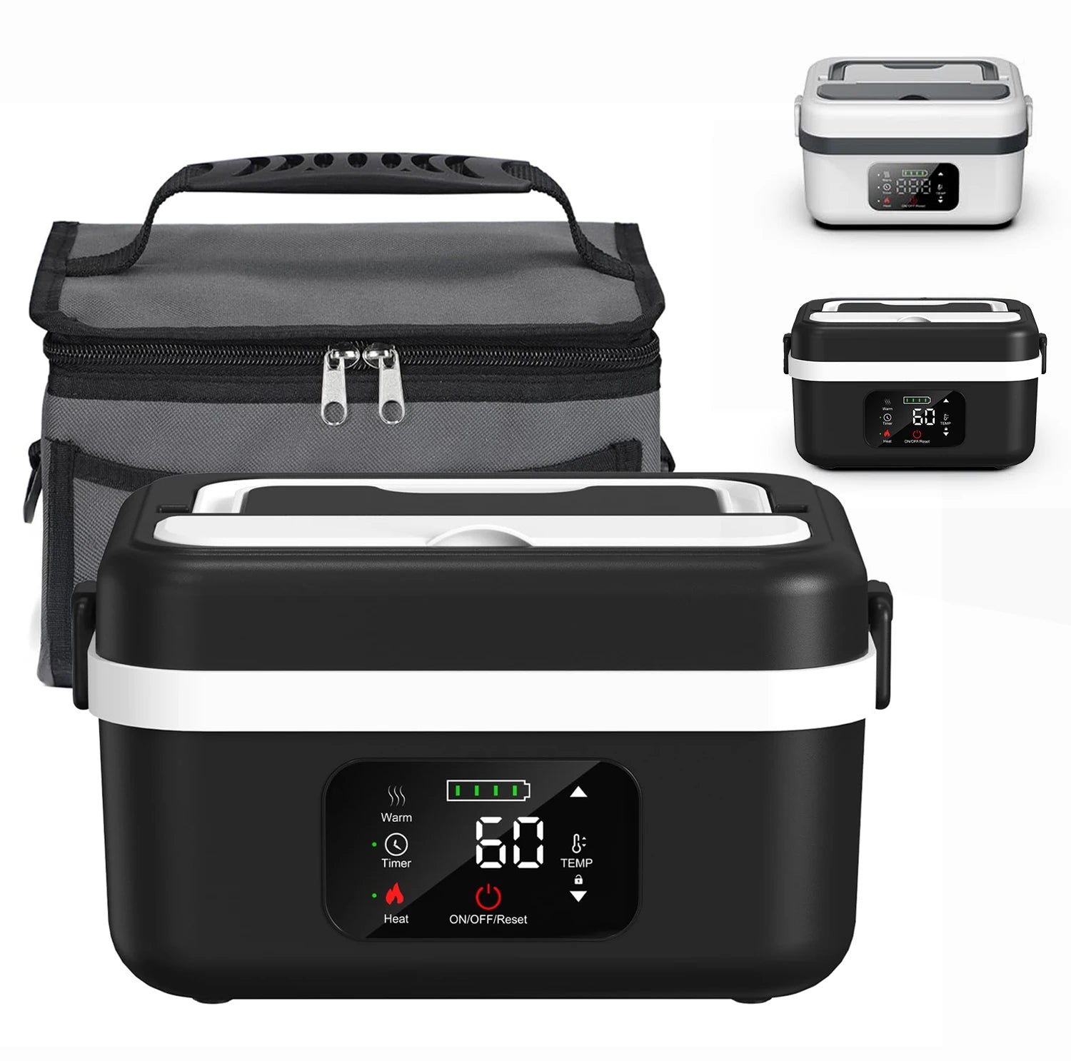 Wireless electric insulated lunch box by WinniHouse, showing its compact design and insulated container for hot food.