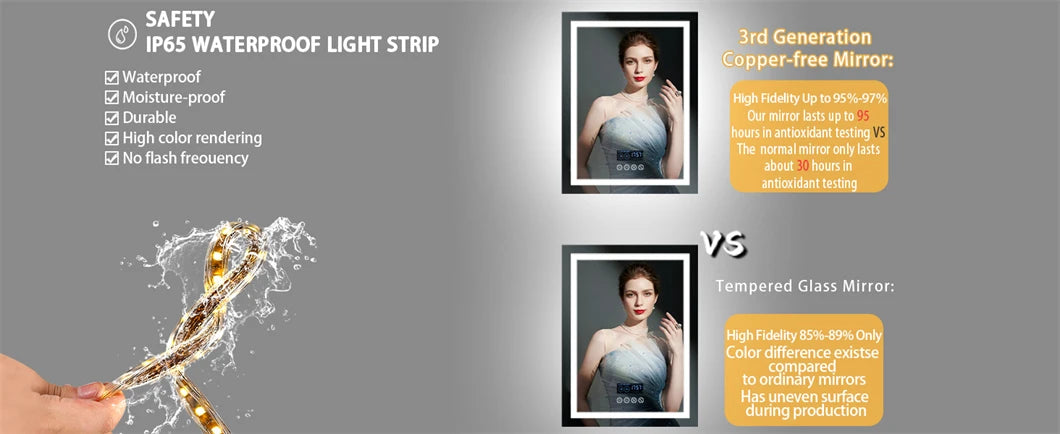 Rectangular LED bathroom mirror with Bluetooth speaker, anti-fog, wall-mounted, with touch controls, backlit, displaying time and temperature