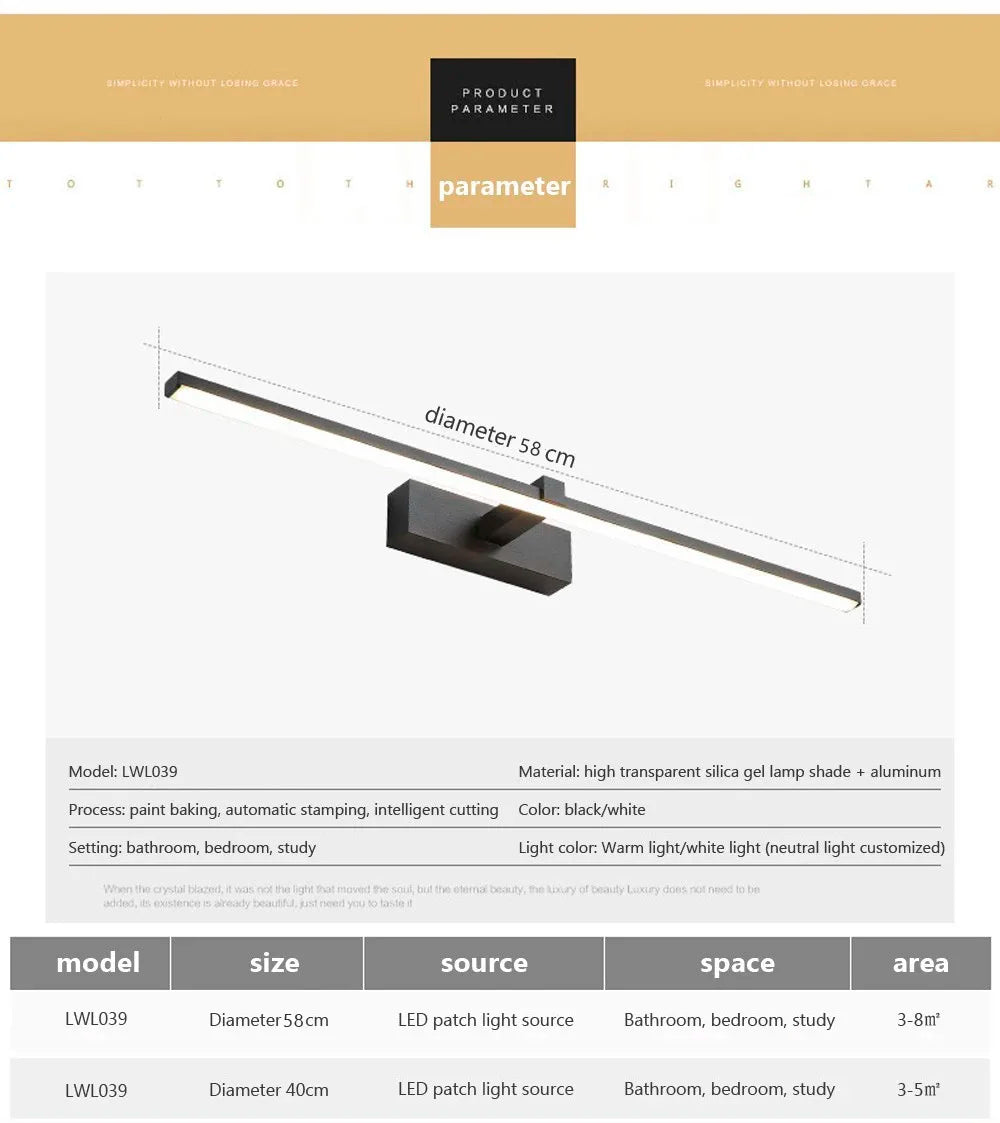 Modern white and black LED wall light for bathroom mirror, waterproof interior lamp for makeup and bathroom illumination.