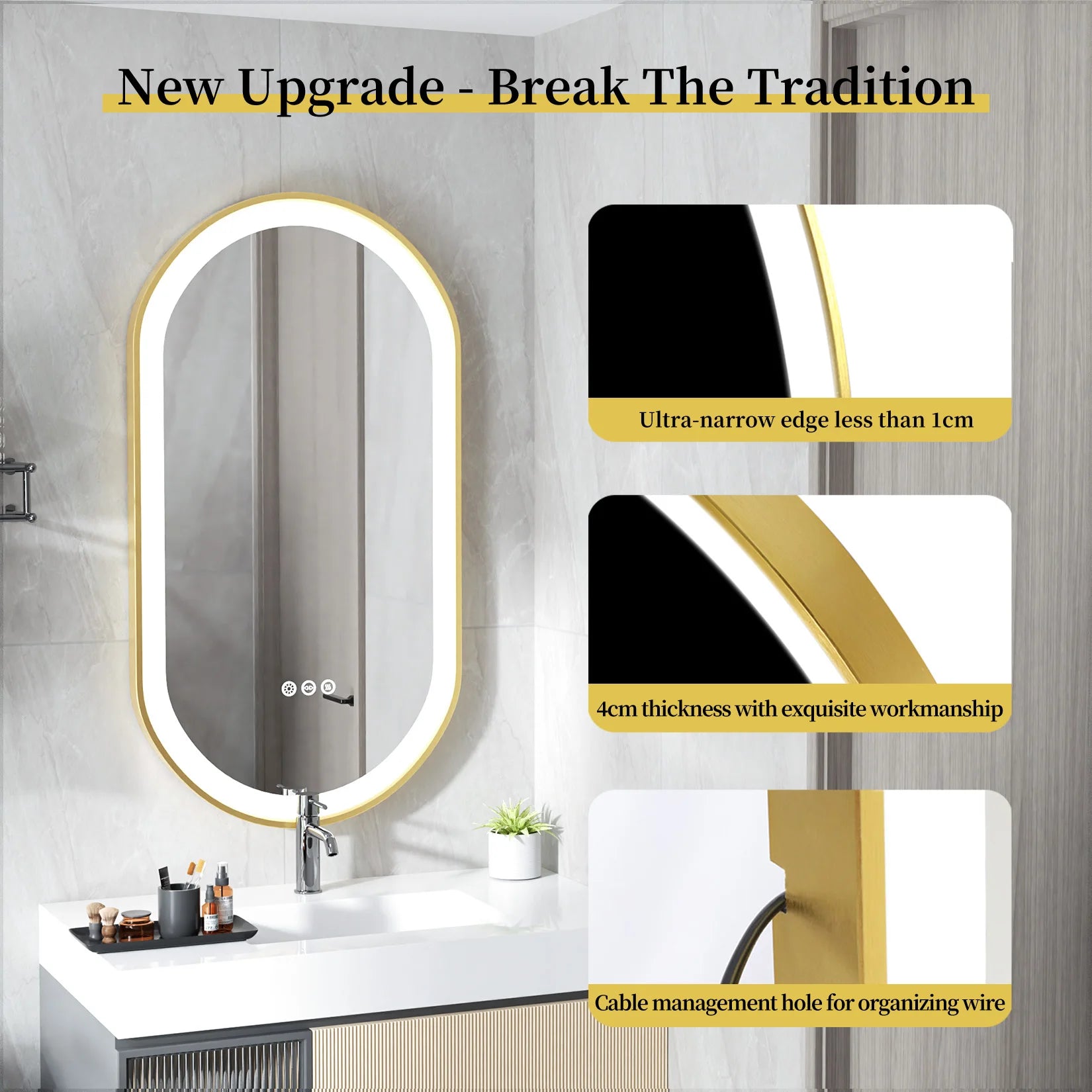 Large oval LED bathroom mirror with anti-fog memory frame, wall-mounted, illuminated, and adjustable for vanity use.