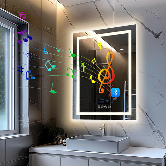 WinniShop LED smart bathroom mirror with Bluetooth speaker, wall-mounted rectangular design, anti-fog, backlit, and temperature display.