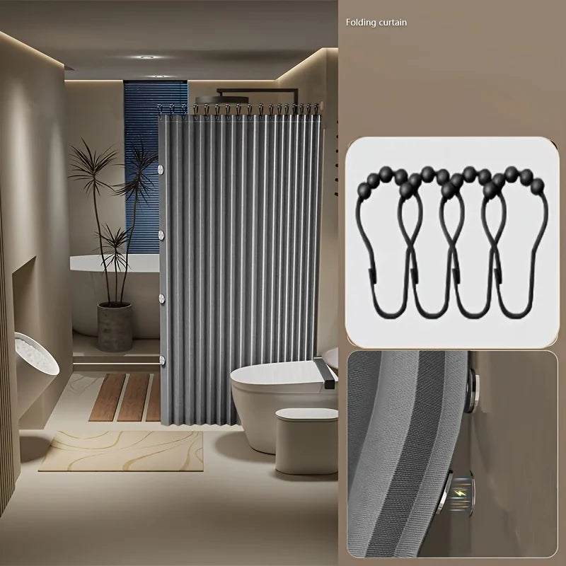 Magnetic foldable shower curtain from WinniHouse with suction cups, designed for easy installation and space-saving bathroom use.