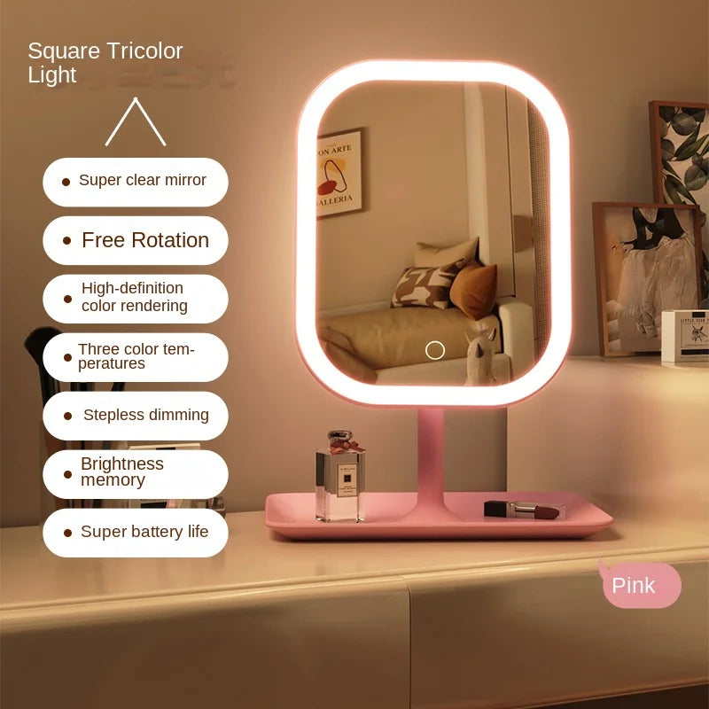 LED makeup mirror by WinniHouse with touch controls, three light temperatures, and rechargeable battery in a sleek design.