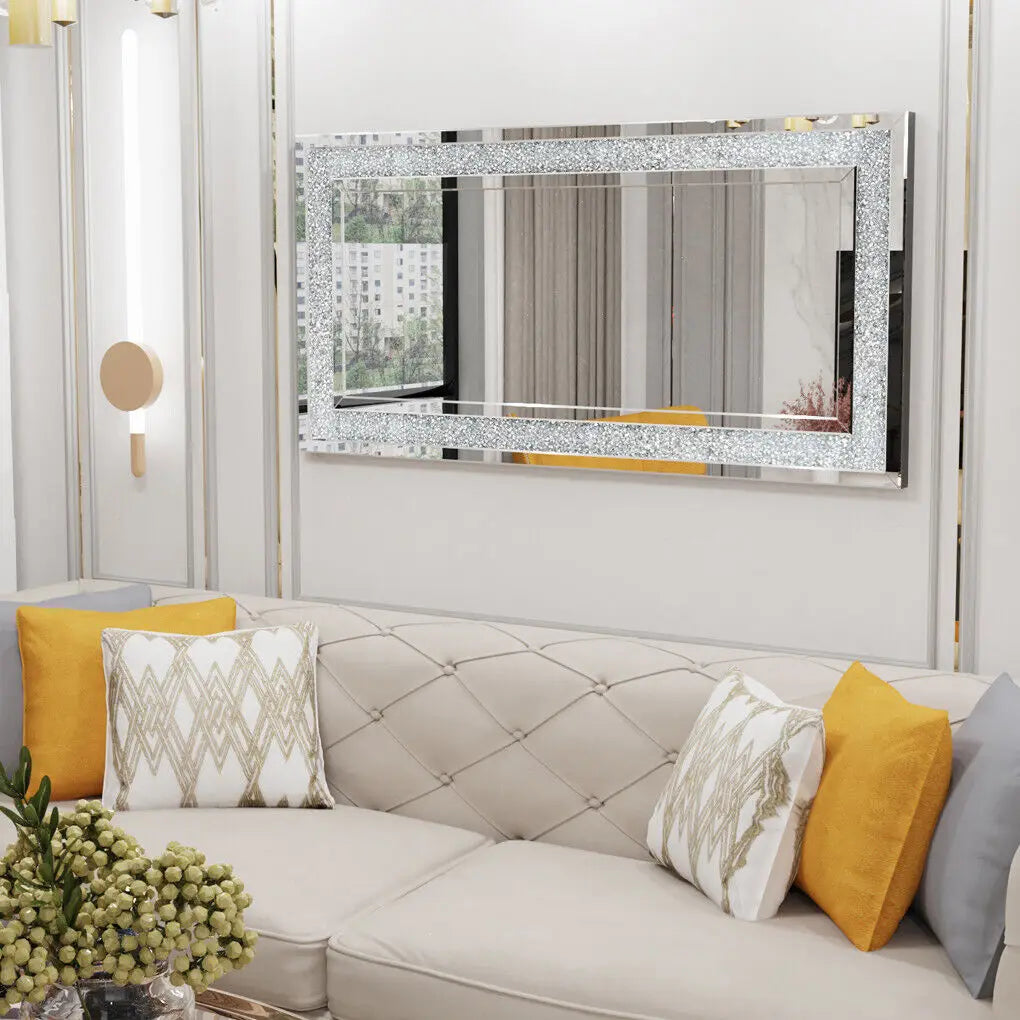 Large wall-mounted LUVODI frameless dressing mirror with sparkling crystal-like accents, ideal for home or hotel decor.