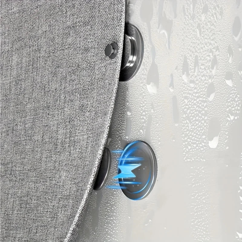 Magnetic foldable shower curtain from WinniHouse with adsorption feature, shown hanging in a bathroom setting.