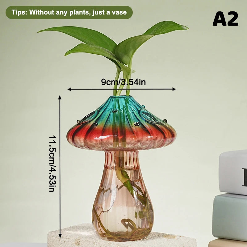 Colorful glass mushroom-shaped vase by WinniHouse, featuring vibrant hues and smooth, rounded contours.