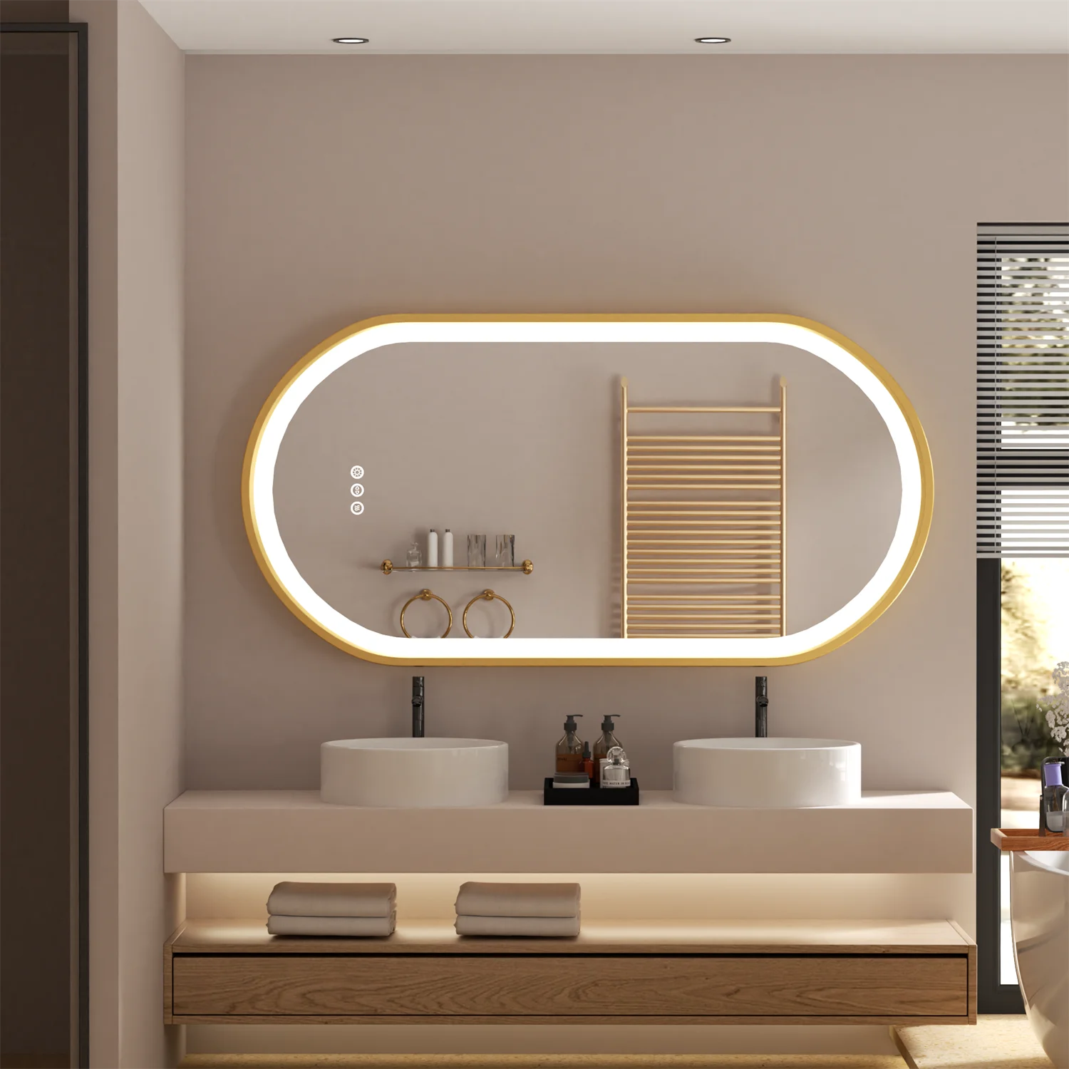 Oval bathroom mirror with gold frame, LED-lit, anti-fog smart makeup mirror, adjustable illumination, innovative design by WinniShop