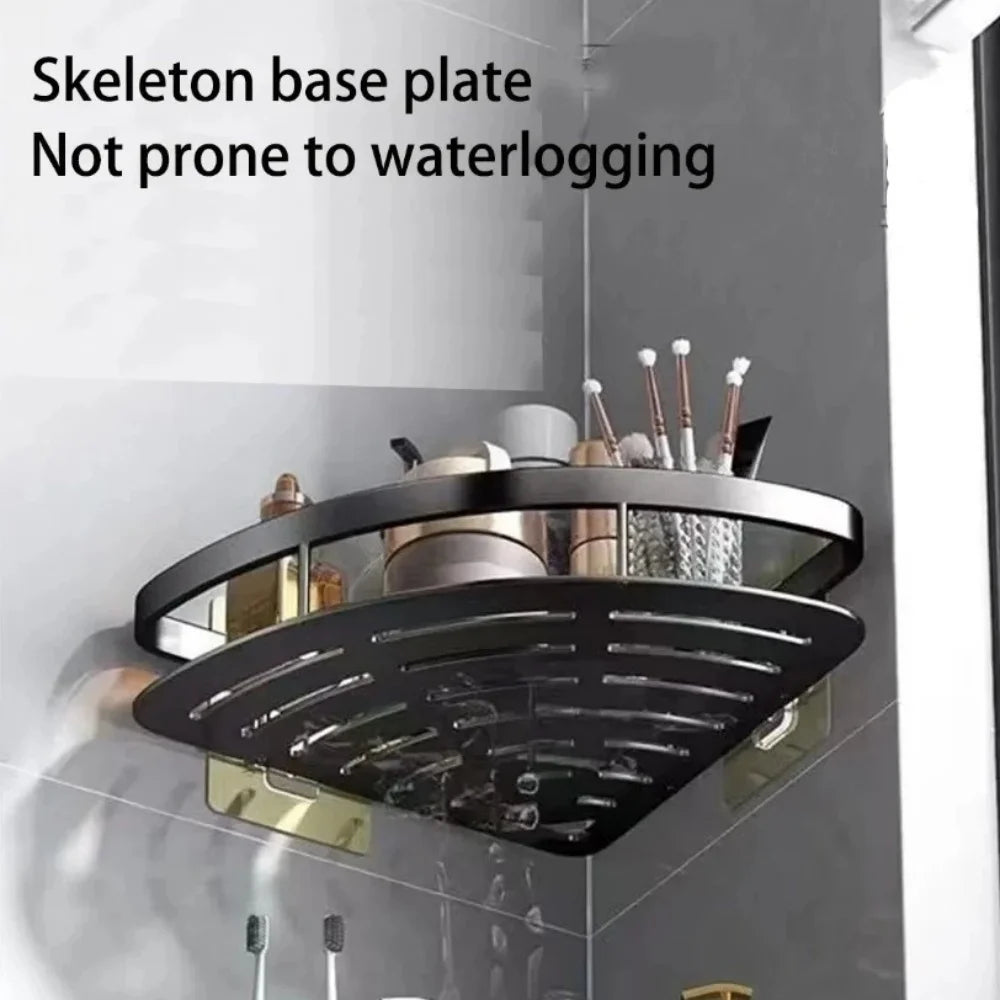 WinniHouse corner bathroom storage organizer with adhesive, wall-mounted shower shelf and drain for efficient bathroom organization.