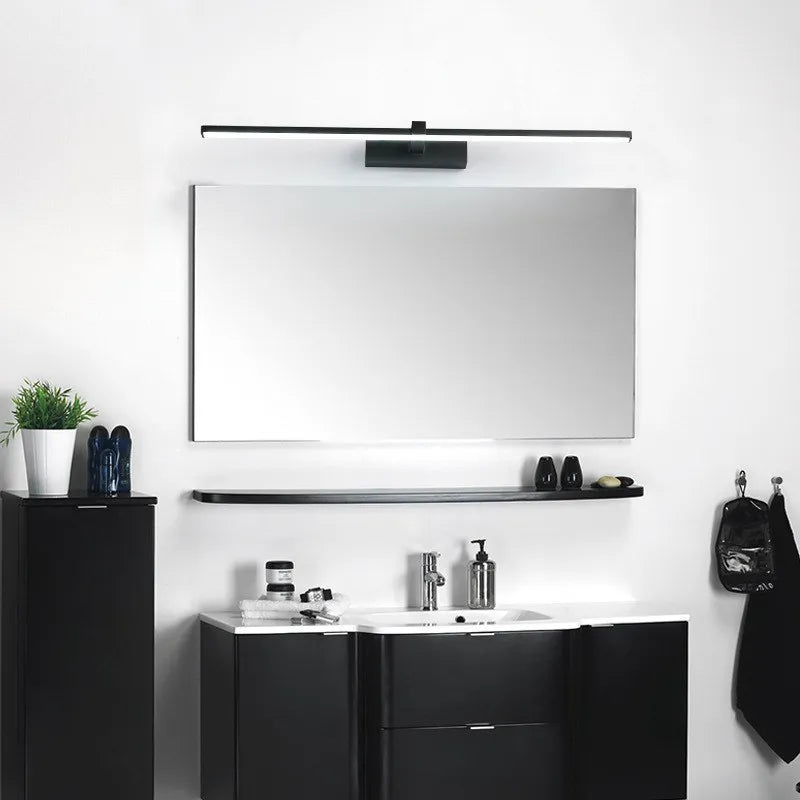 Modern black and white waterproof LED wall lamp for bathroom mirrors, ideal for interior lighting and makeup application.