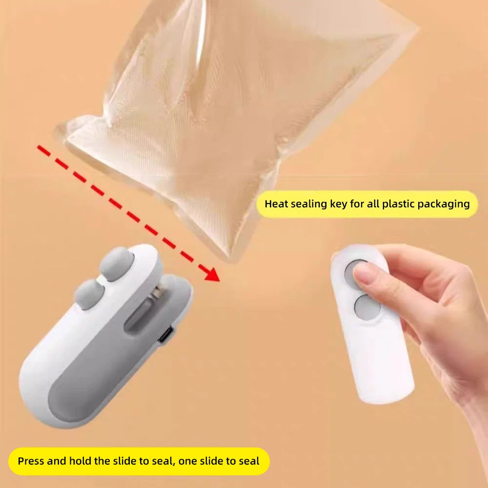 WinniShop mini handheld heat sealer for plastic food bags with clip, portable food packaging and sealing device.