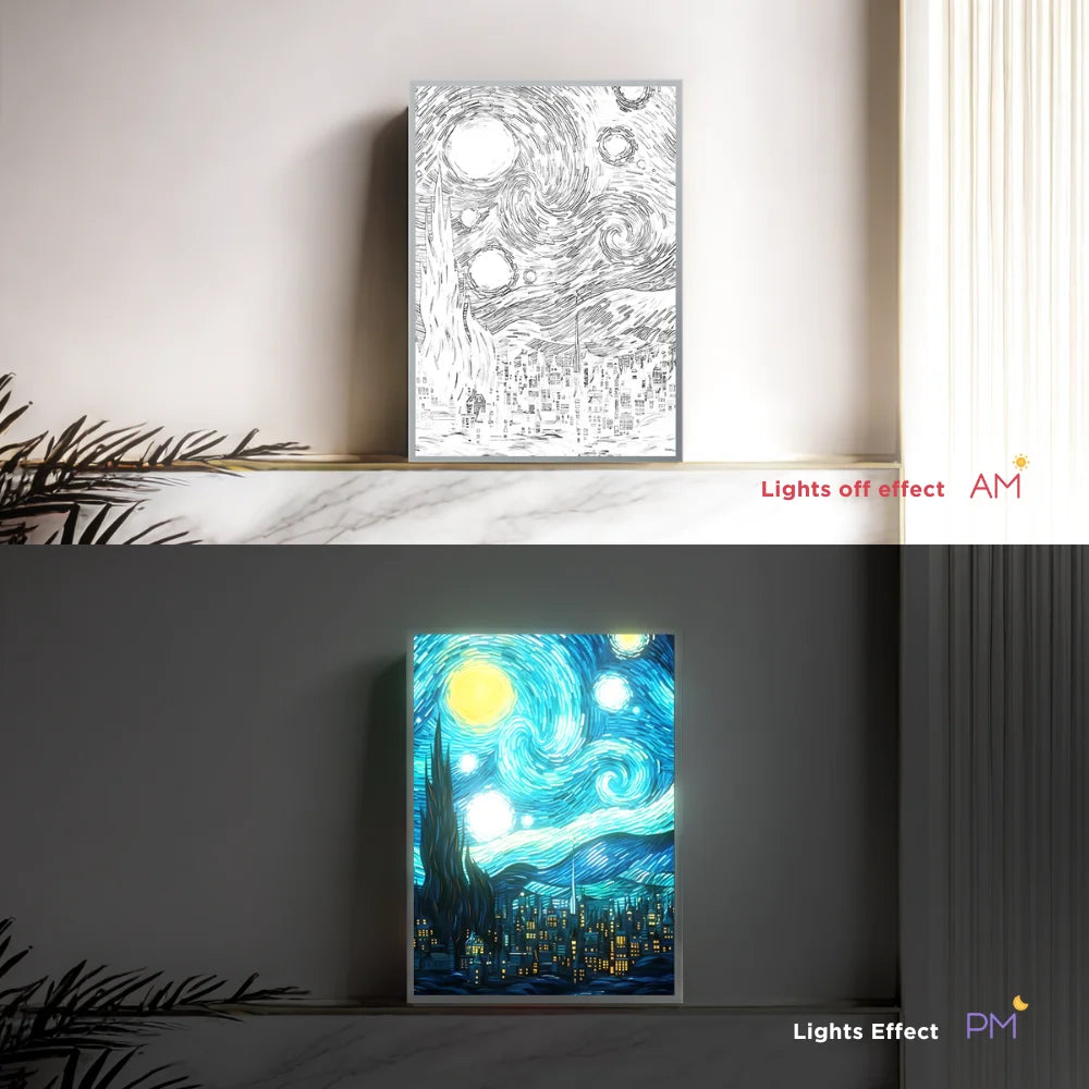 Artistic LED starry night night light by WinniHouse inspired by Van Gogh, featuring a glowing starry sky design.