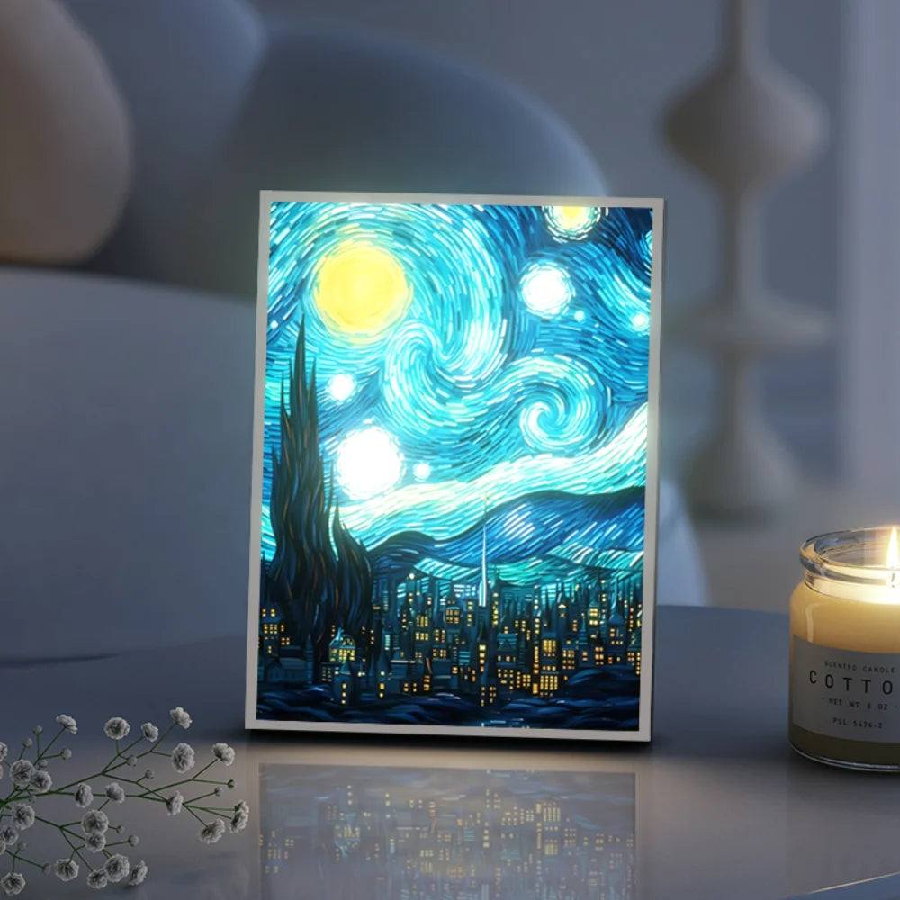 Artistic Van Gogh starry night LED night light by WinniHouse, showcasing a glowing, artistic starry sky design.