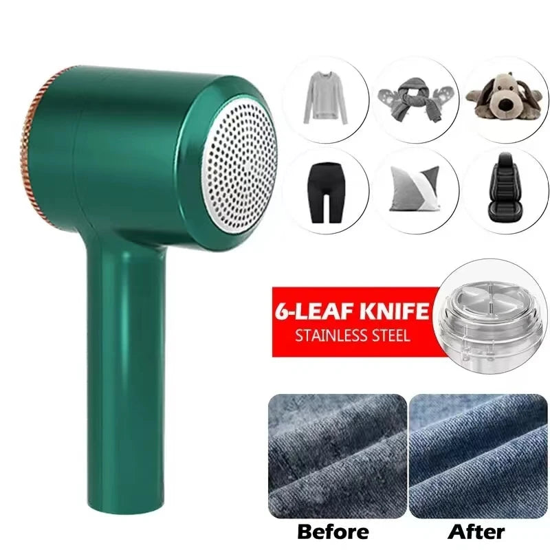 Portable electric lint remover for clothing, WinniShop, showing a handheld depiller for sweaters, plush fabric, and fleece garments.