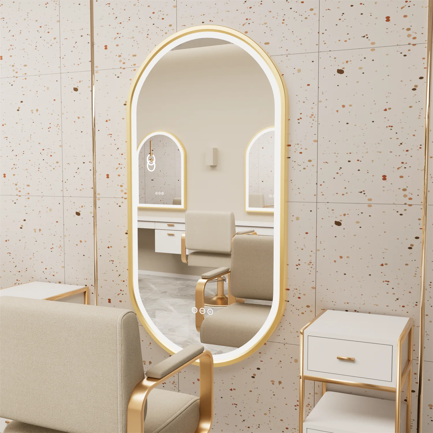 Oval bathroom mirror with gold frame, illuminated LED vanity mirror with anti-fog function and adjustable lighting, by WinniShop.