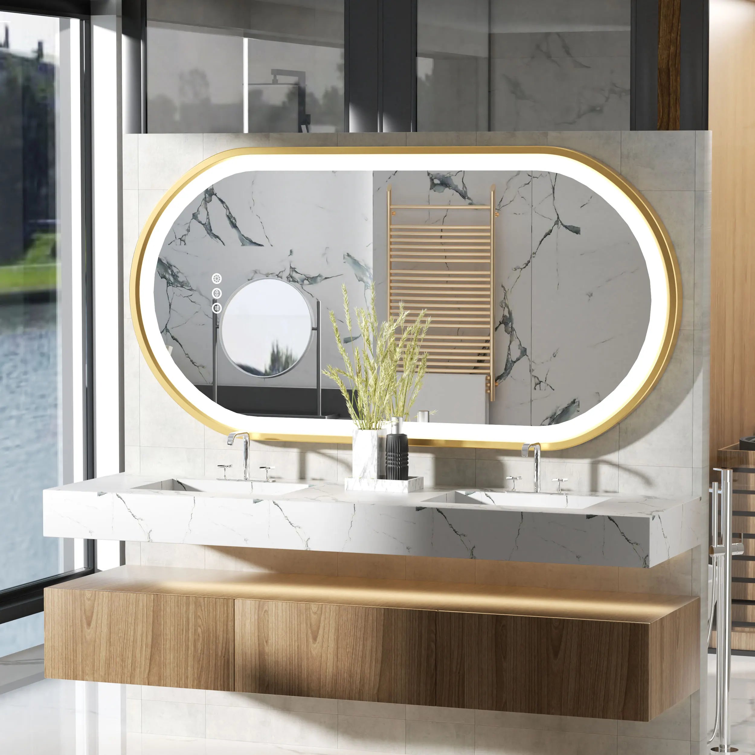 Large oval LED bathroom mirror with anti-fog memory frame, wall-mounted, adjustable lighting, and illuminated dressing mirror by WinniShop.