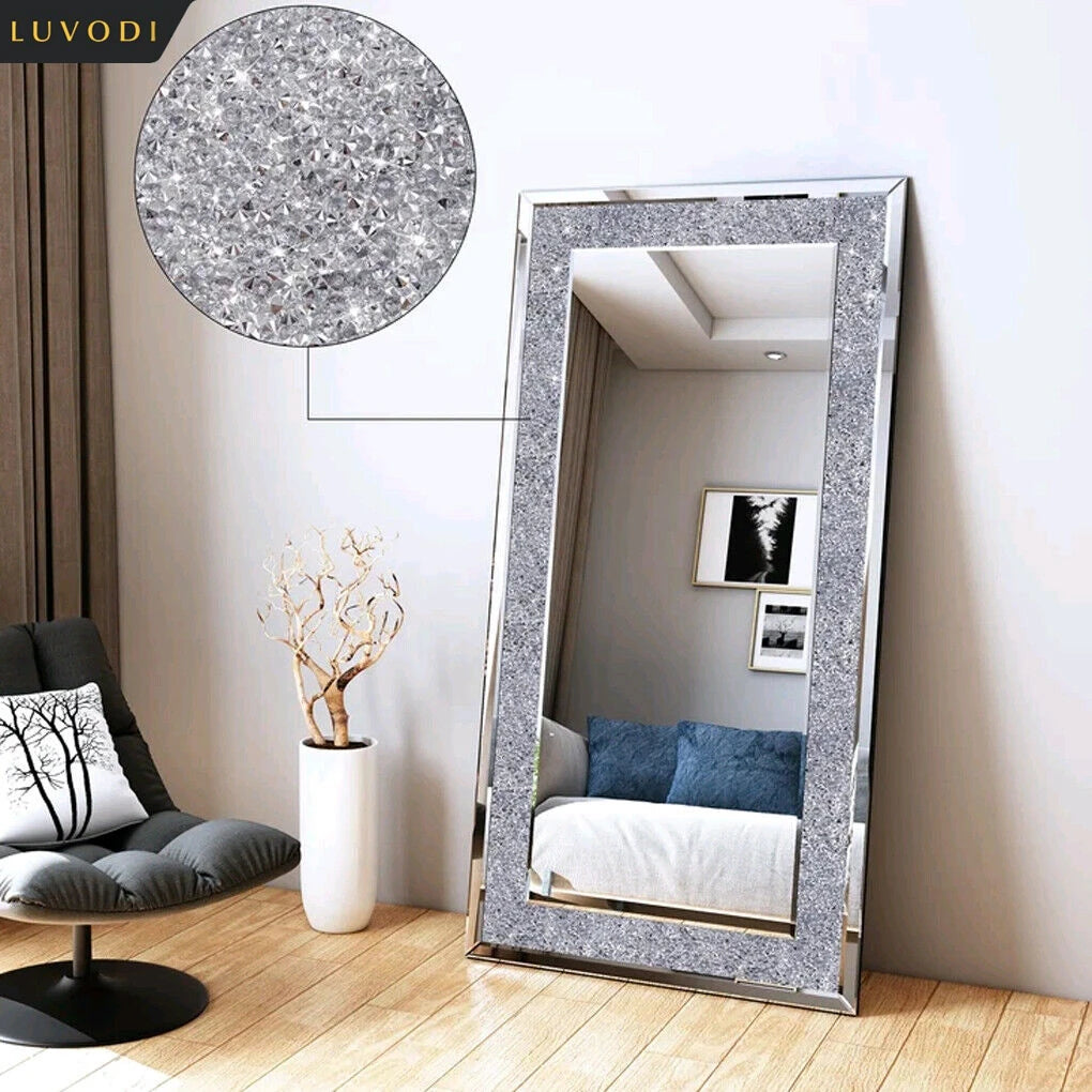 Large wall-mounted LUVODI frameless vanity mirror with sparkling crystal-like accents, ideal for home or hotel bathroom decor.