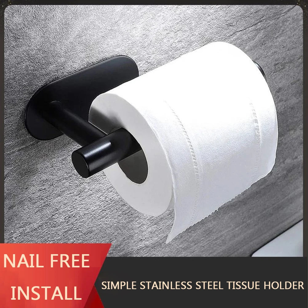 WinniHouse stainless steel wall-mounted toilet paper holder with adhesive backing, bathroom organizer, and towel storage.