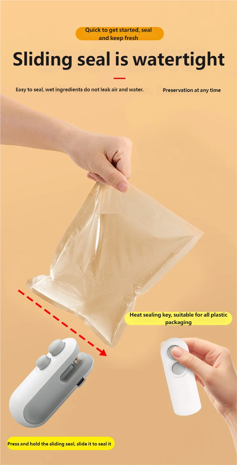 WinniShop mini portable food sealer with USB recharge, plastic storage bag, clip, and heat sealing function for food preservation.