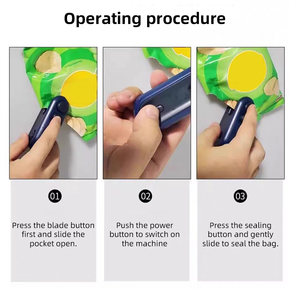 WinniShop mini handheld heat sealer for plastic bags, portable food packaging and sealing device with clip, compact and easy to use