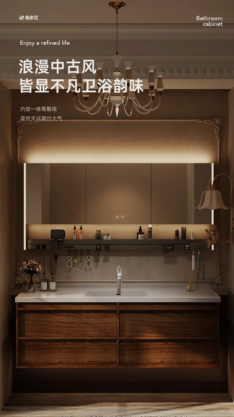 Solid wood vintage bathroom cabinet with sink, storage drawers, and toilet separator; classic WinniShop bathroom furniture.