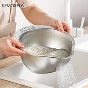 WinniHouse stainless steel rice washing bowl with strainer, perfect for rinsing rice, fruits, and vegetables in the kitchen.