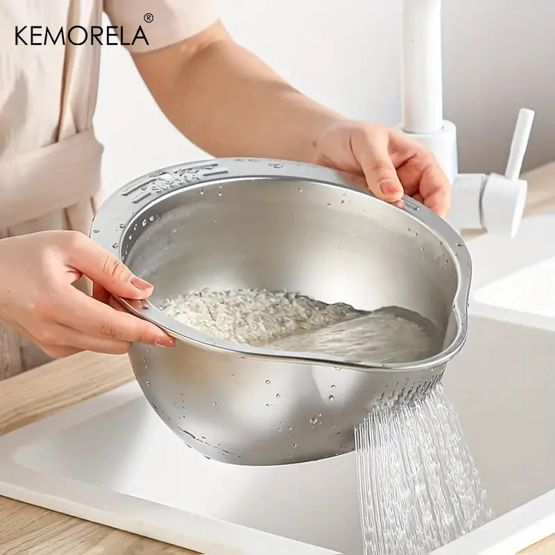 WinniHouse stainless steel rice washing bowl with strainer, perfect for rinsing rice, fruits, and vegetables in the kitchen.