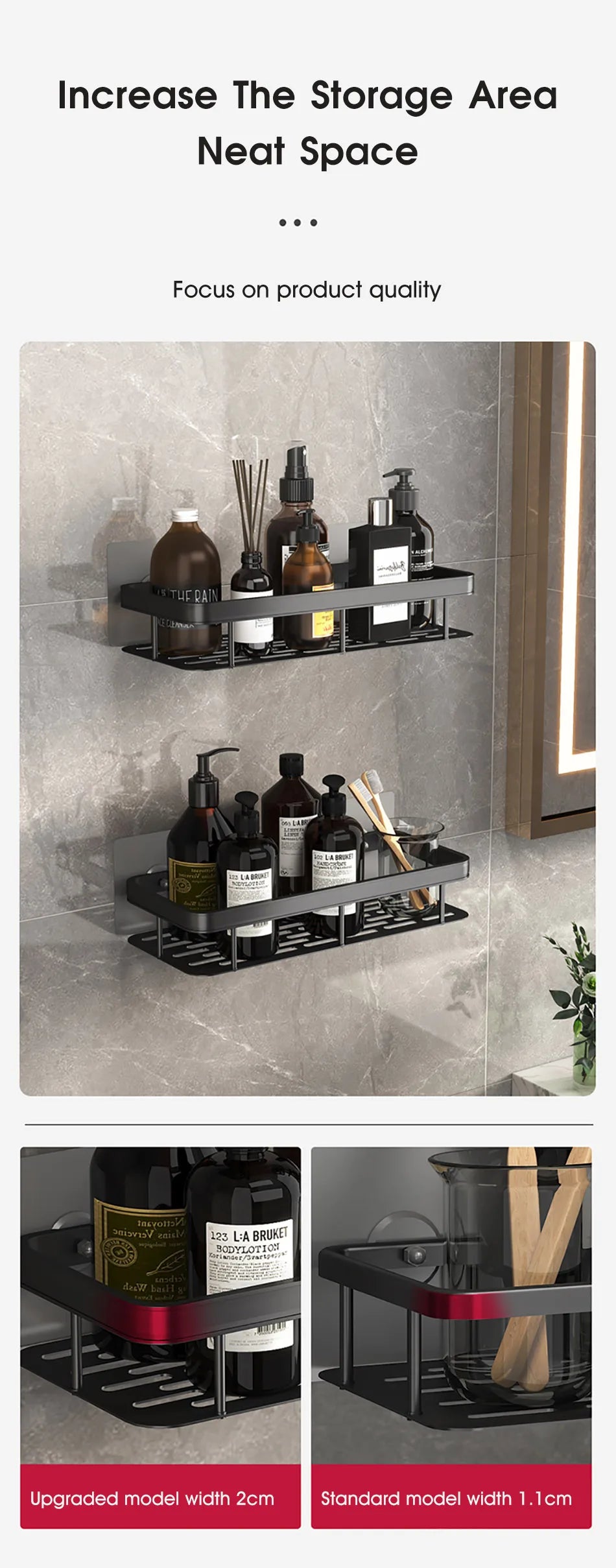Wall-mounted bathroom storage shelf by WinniHouse, shower organizer for shampoo and bathroom accessories, wall-mounted bathroom shelf