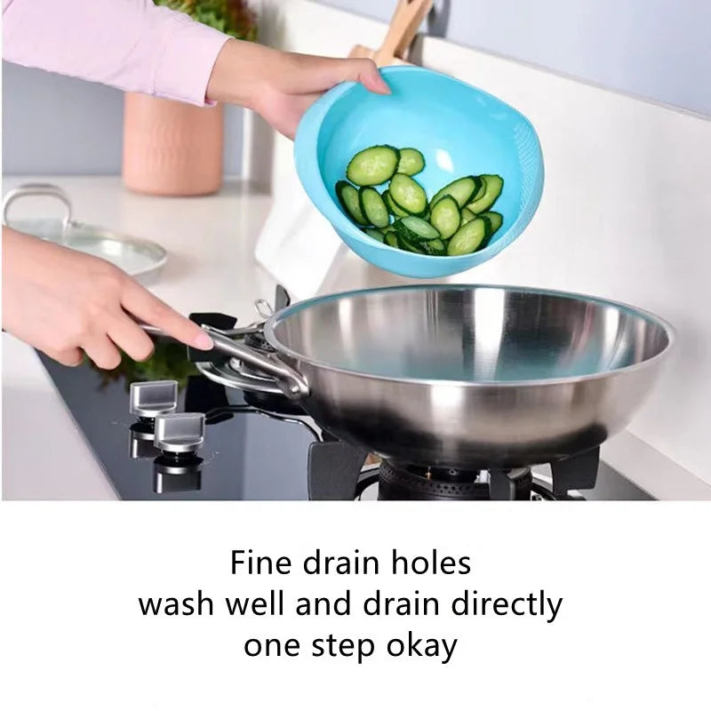 Plastic rice strainer and kitchen colander from WinniHouse, shown with rice and vegetables in a kitchen sink.